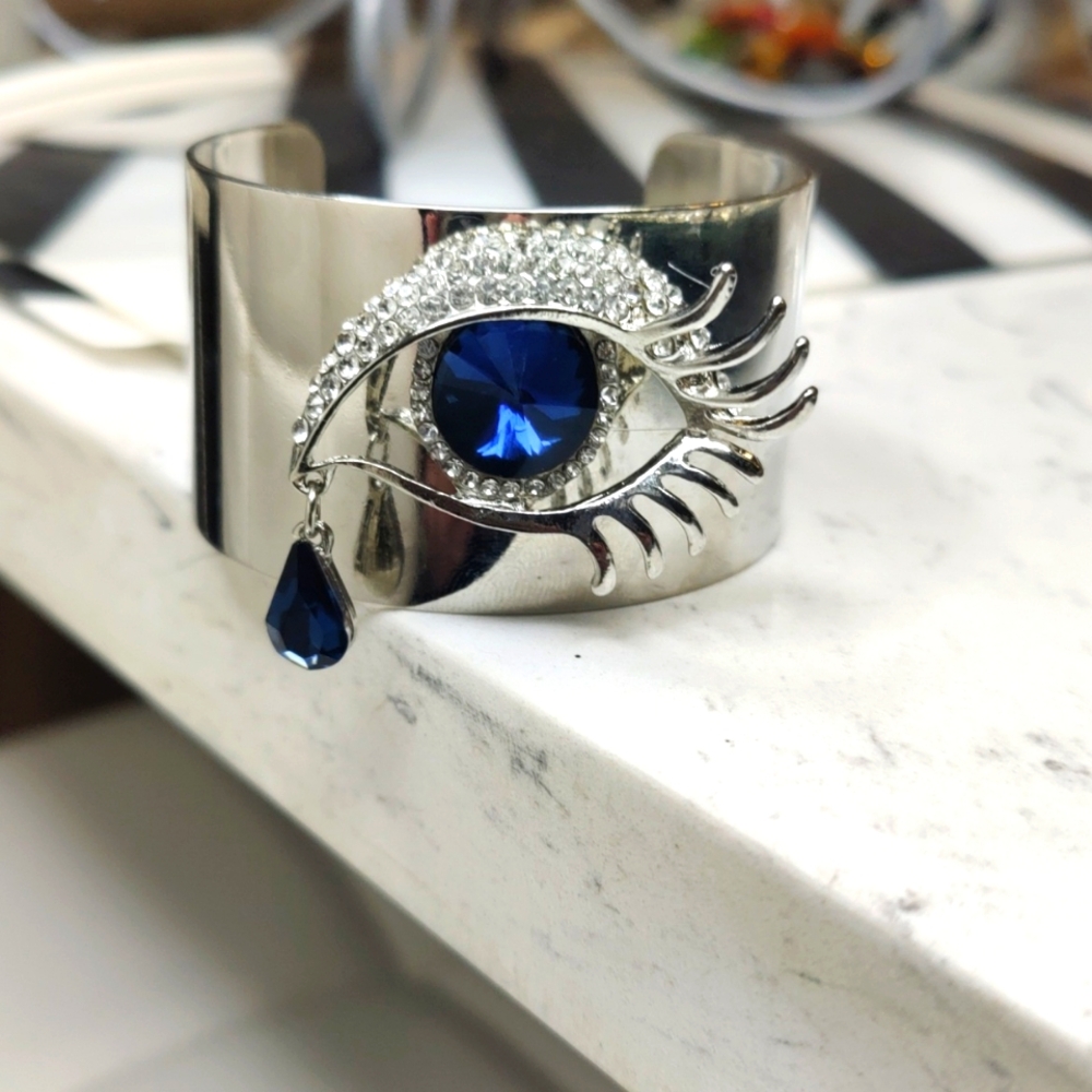 Evil Eye tear charm Rhinestone cuff bracelet
